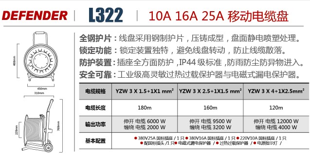 产品特点: 一次定型支架:三脚架经电脑弯管一次成型,减少焊接,使用更结实。 安全保护装置:高灵敏度过热过载保护器,自动保护用电安全。 先进接线方式:美式连接技术,压片式线头设计,安全系数更高。 ABS盘体护片:阻燃耐高温、防静电、耐磕碰,强度高,耐摔结实耐用。 纯铜橡胶电缆:国标纯铜户外防水电缆,防水耐磨抗拉扯,环境适应性强。 守护者电缆卷盘更多产品详情尽在www.